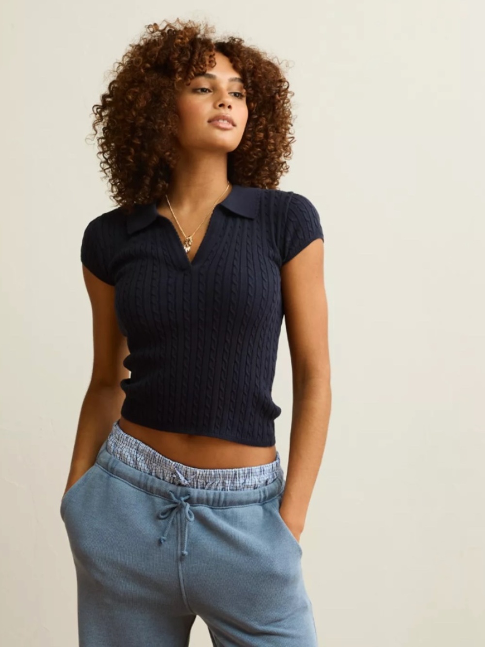 Aerie Navy Ribbed Sweater Collared Crop Top
